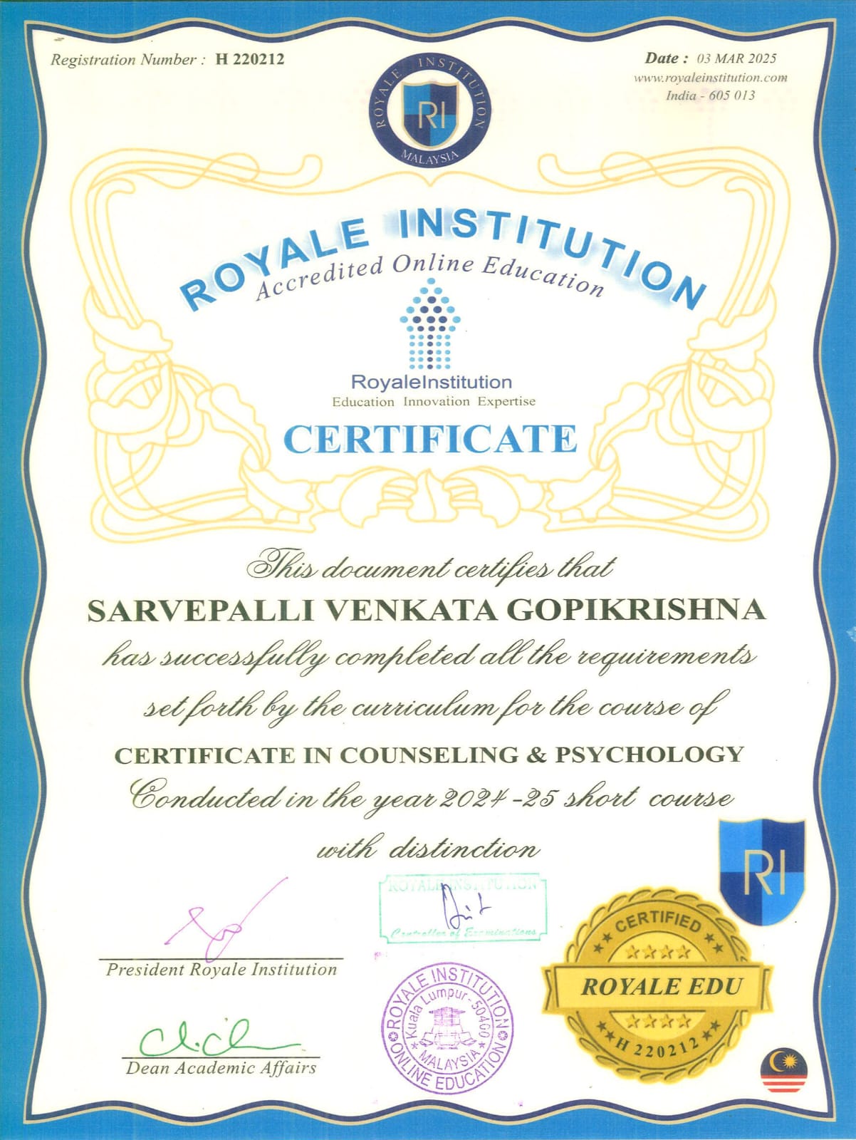 Certificate in Counseling & Psychology